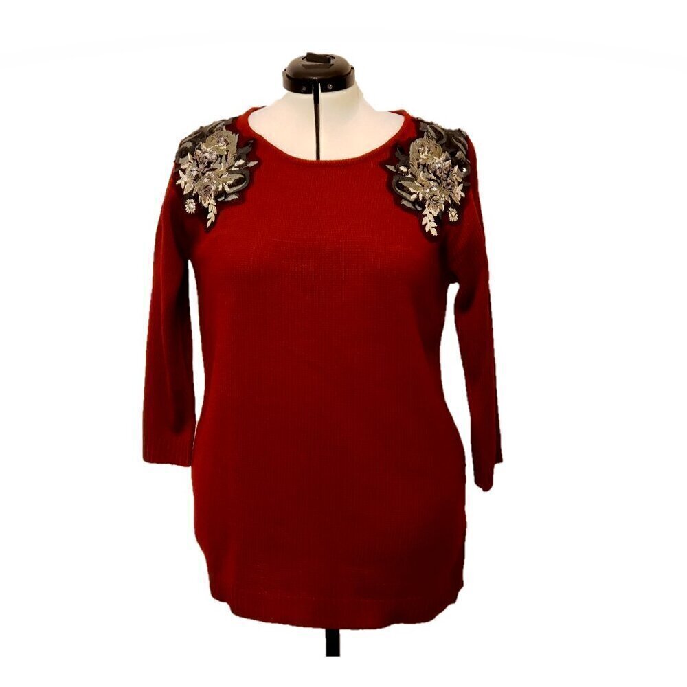 Cable & Guage Women's Biking Red Sequined Embroidered-Shoulders Sweater, Size XL